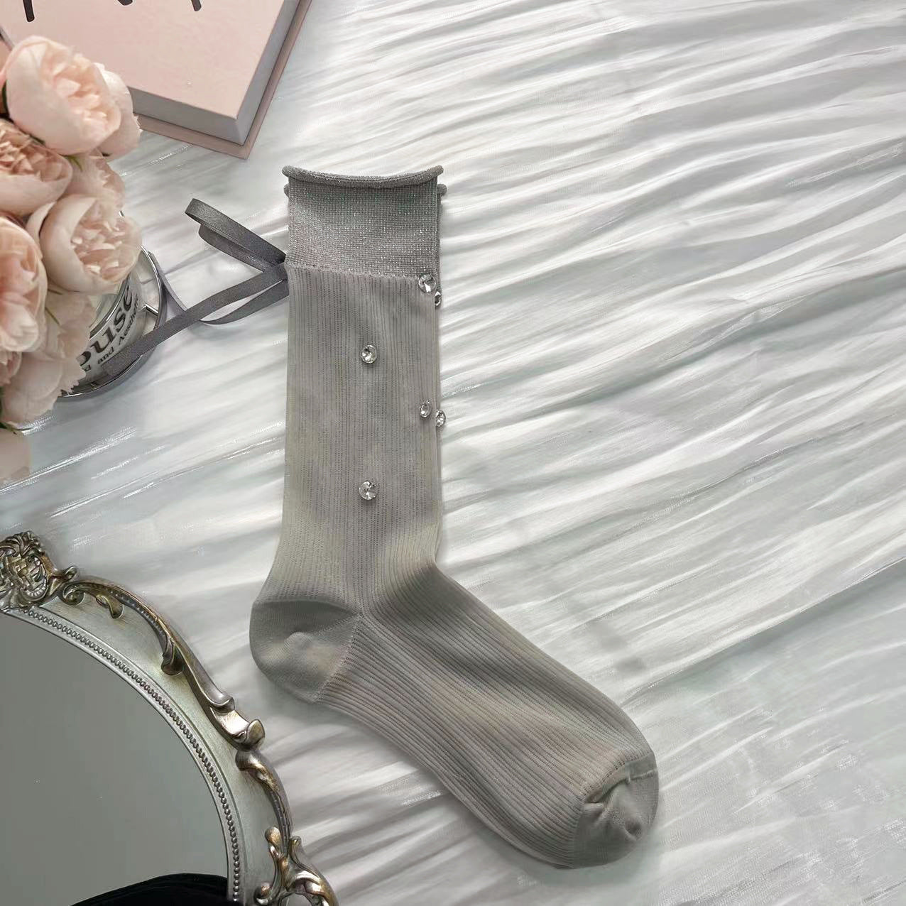 Bow Rhinestone Ruffle Thin Socks