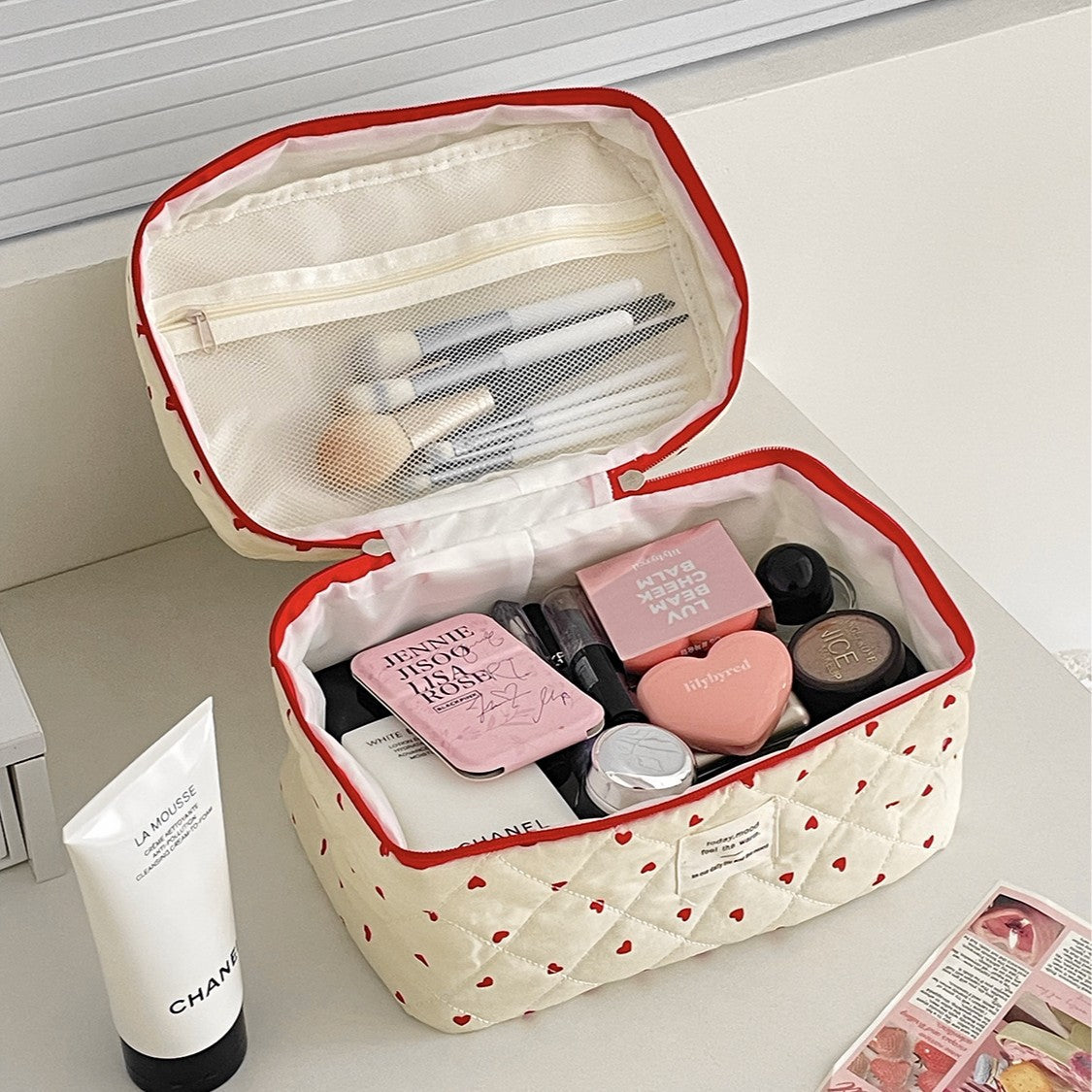Red Heart Print Large Capacity Makeup Bag