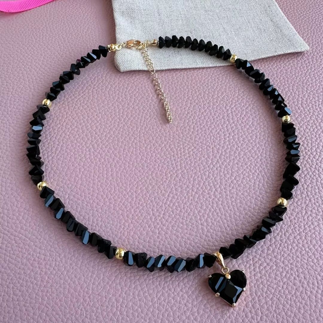 Crystal Beaded Heart Pendant Choker Necklace