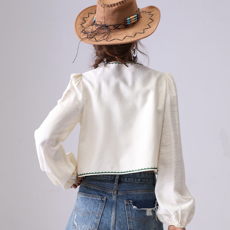 Floral Embroidered Open Front String Shirt