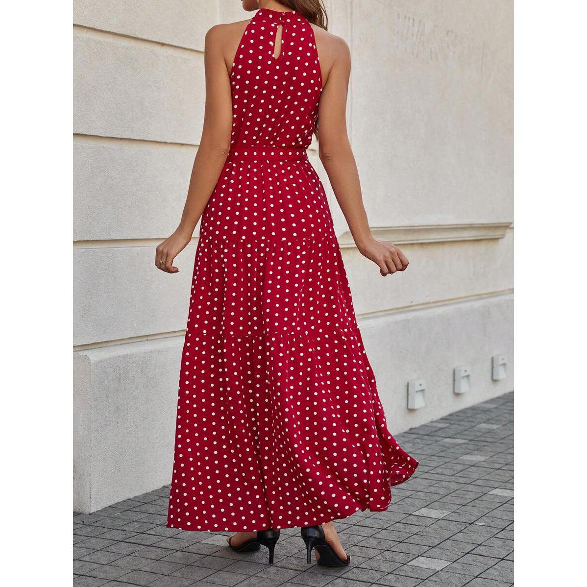 Elegant Polka Dot Tie Waist Halter Dress