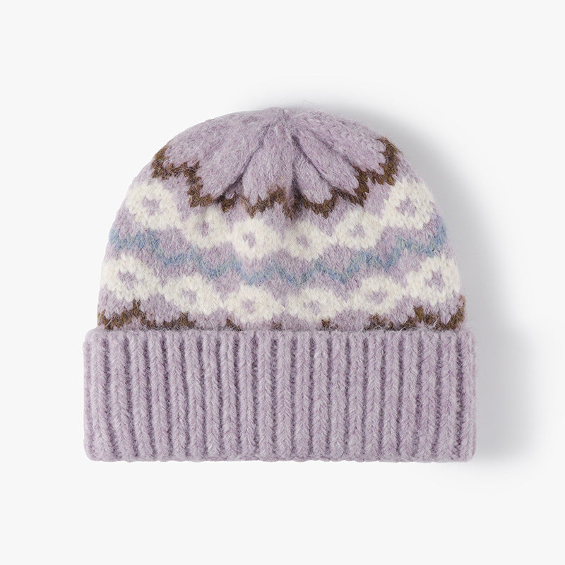 Striped Jacquard Knit Hat Padded Beanie