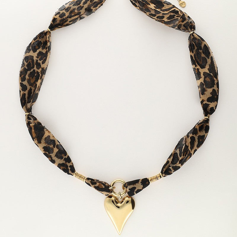 Trendy Heart Pendant Leopard Scarf Necklace