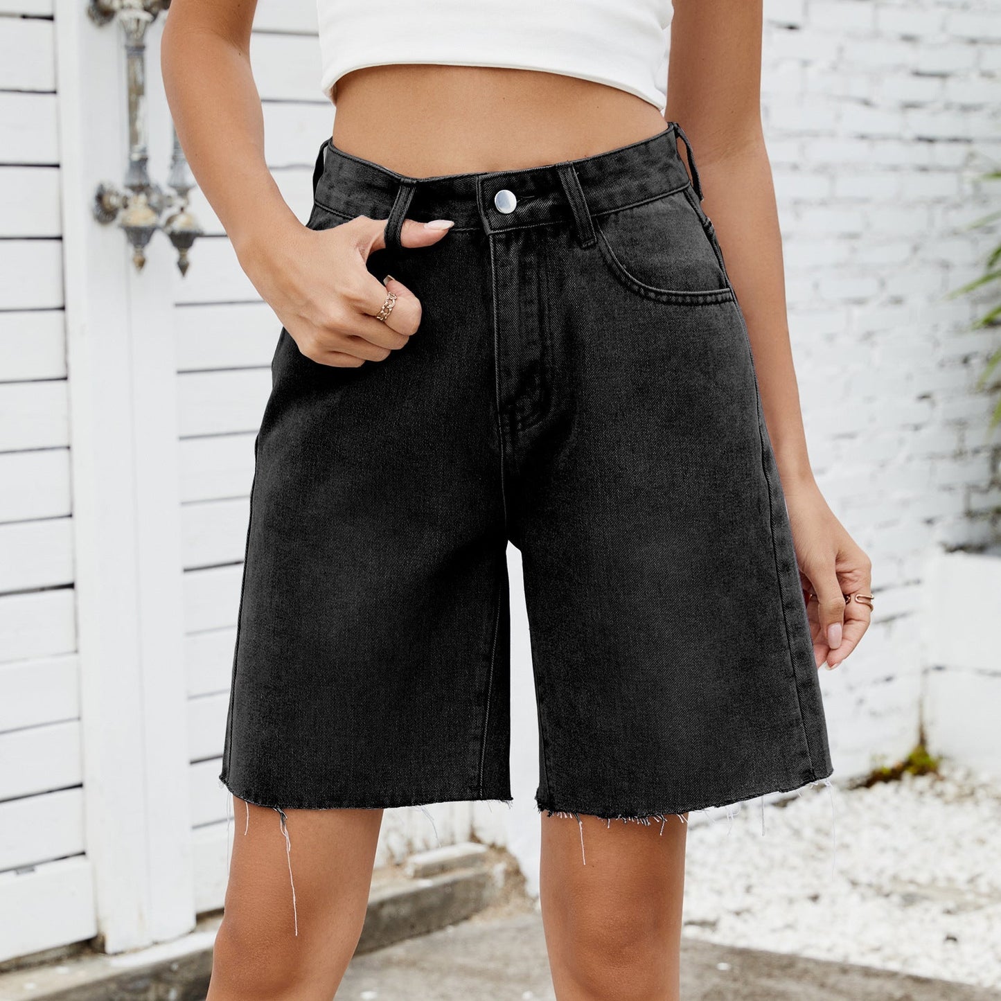 Washed Raw Hem Demin Bermuda Shorts