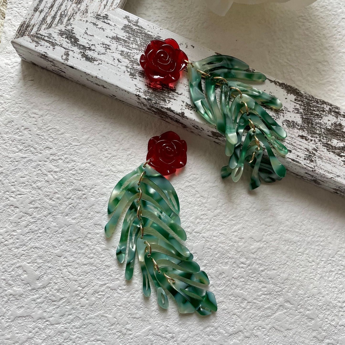 Vintage Red Rose Leaf Tassel Dangle Earrings