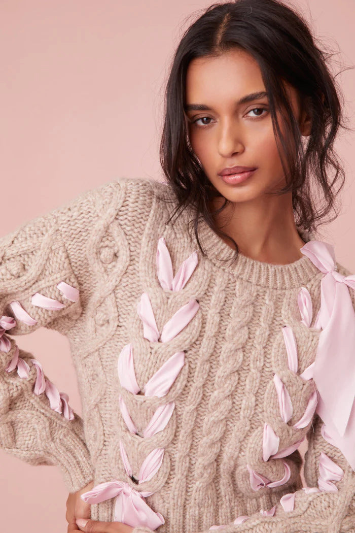 Bows Sweet Twist Round Neck Sweater