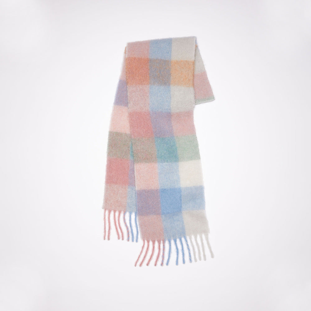 Cozy Color Block Plaid Fringed Knit Scarf