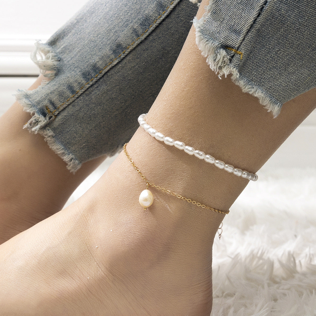 Simple Multi-Layer Pearl Anklet