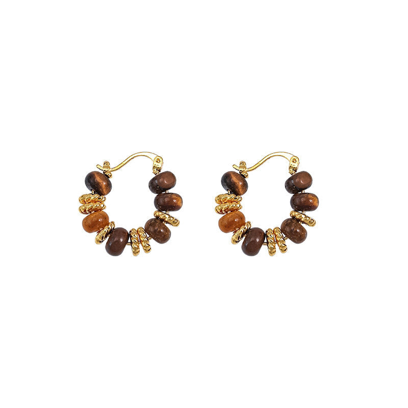 Retro Tiger Eye Stone Bead Hoop Earrings