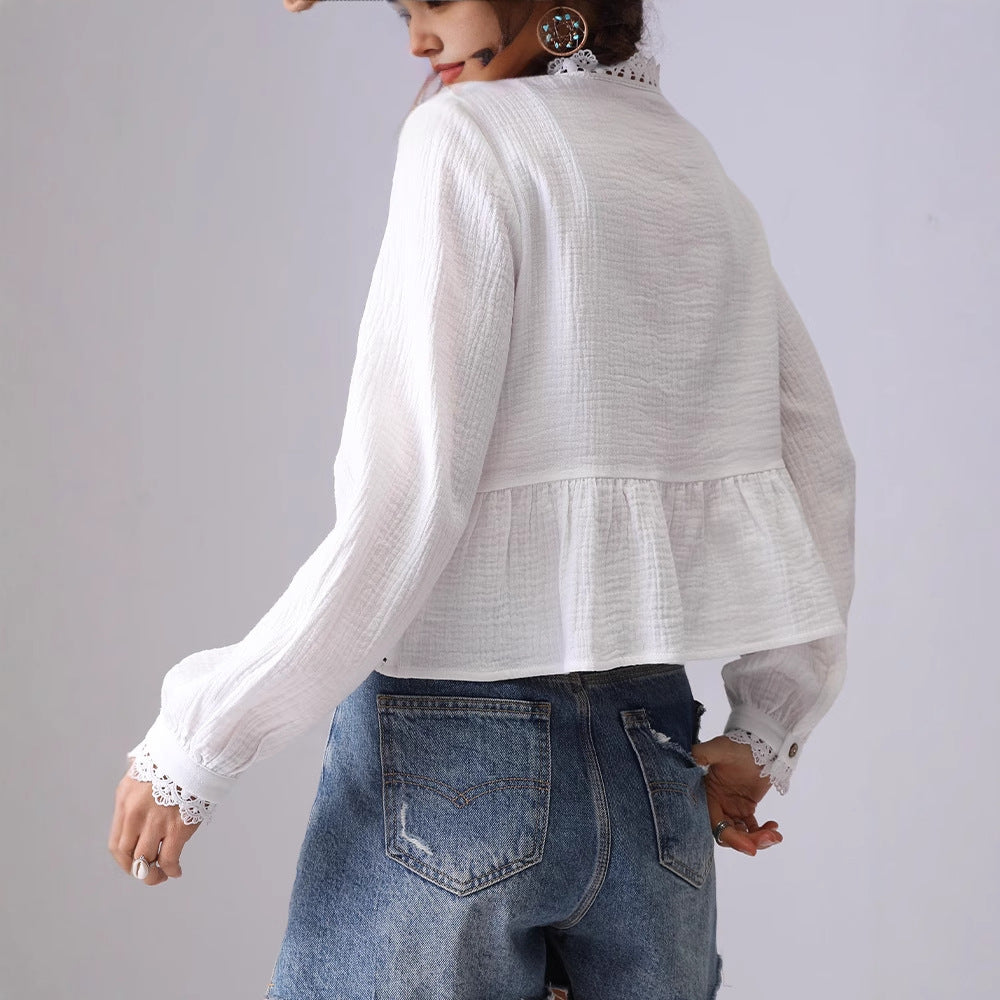 Hollow Lace Ruffled V-Neck Shirt