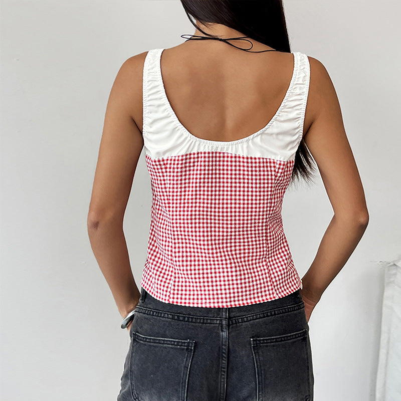 String Plaid Color Block Sleeveless Tank Tops