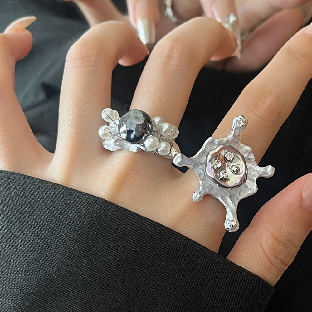 Cool Beaded Rhinestone Adjustable Open Ring