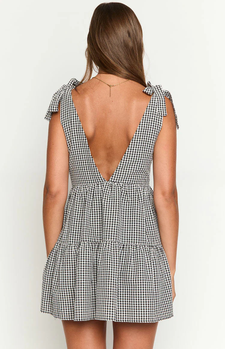 Casual Plaid Tie-Strap V-Neck Mini Dress