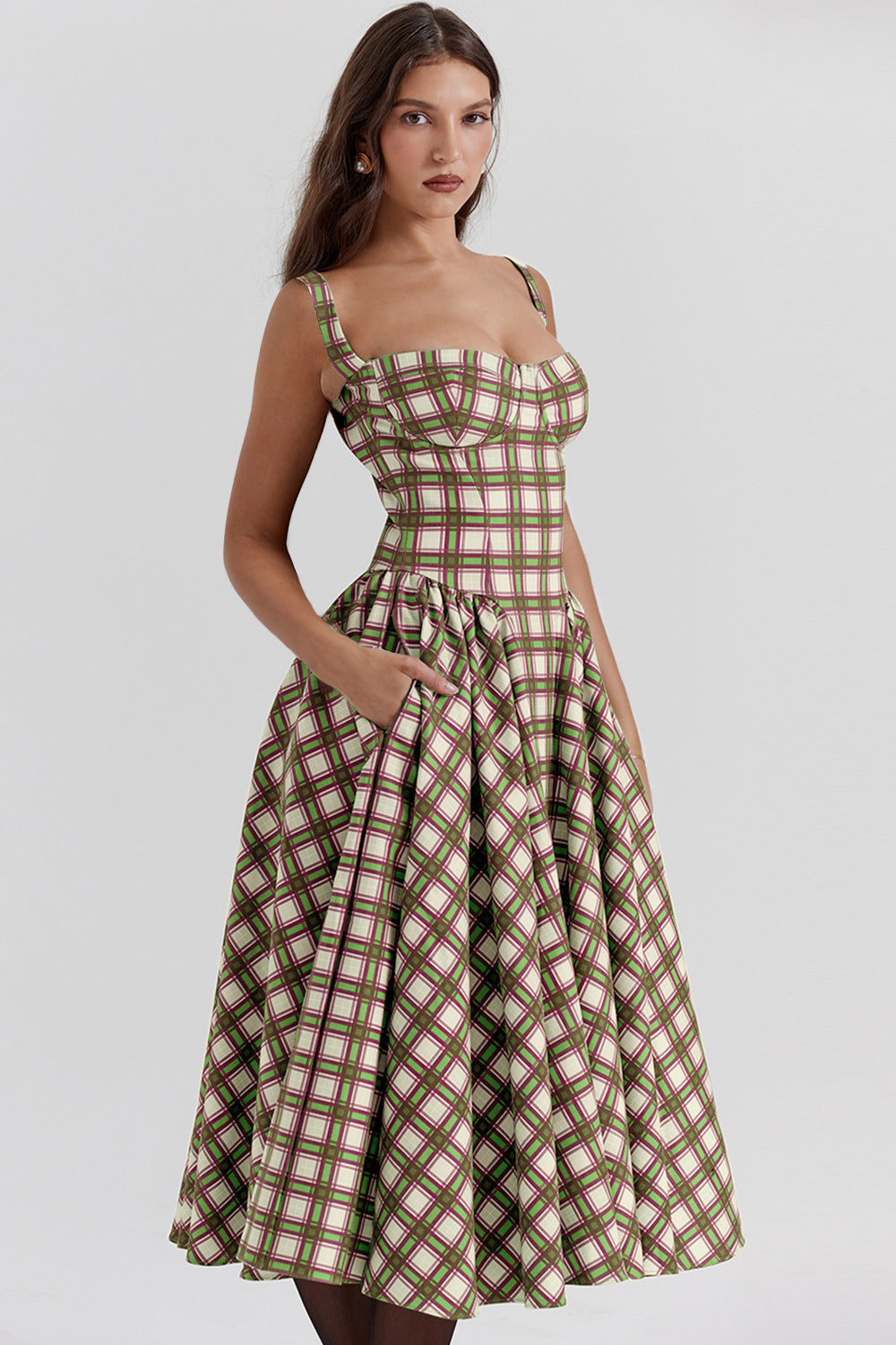 Vintage Plaid Pleated Spaghetti Dress