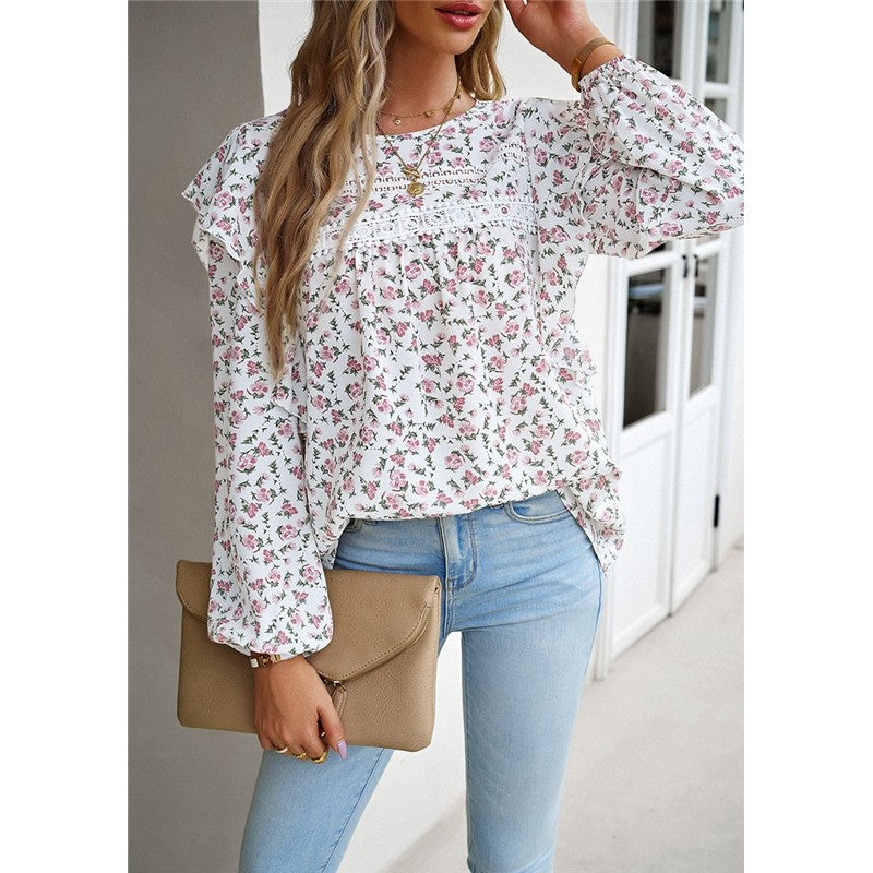 Round Neck Long Sleeve Floral Shirt