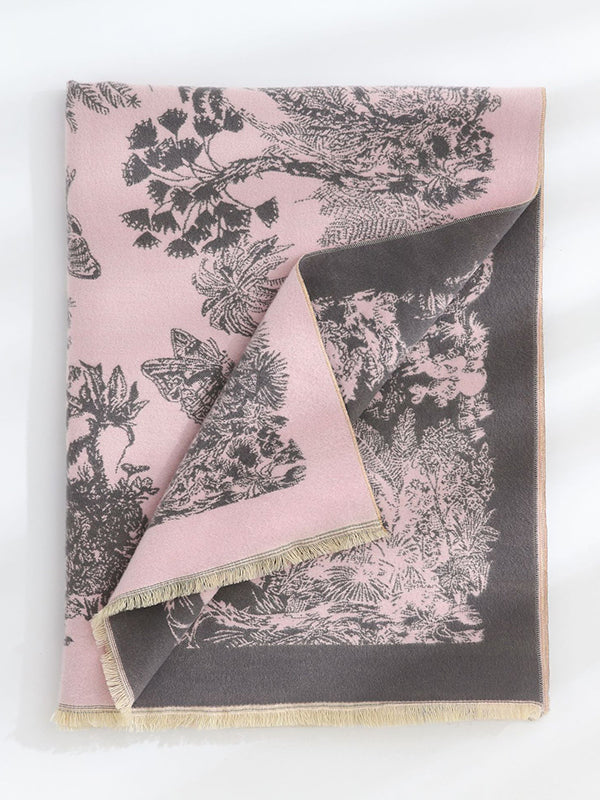 Contrast Color Floral Tasseled Shawl&Scarf