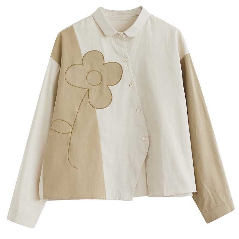 Long Sleeve Lapel Single Breasted Embroidery Loose Blouse