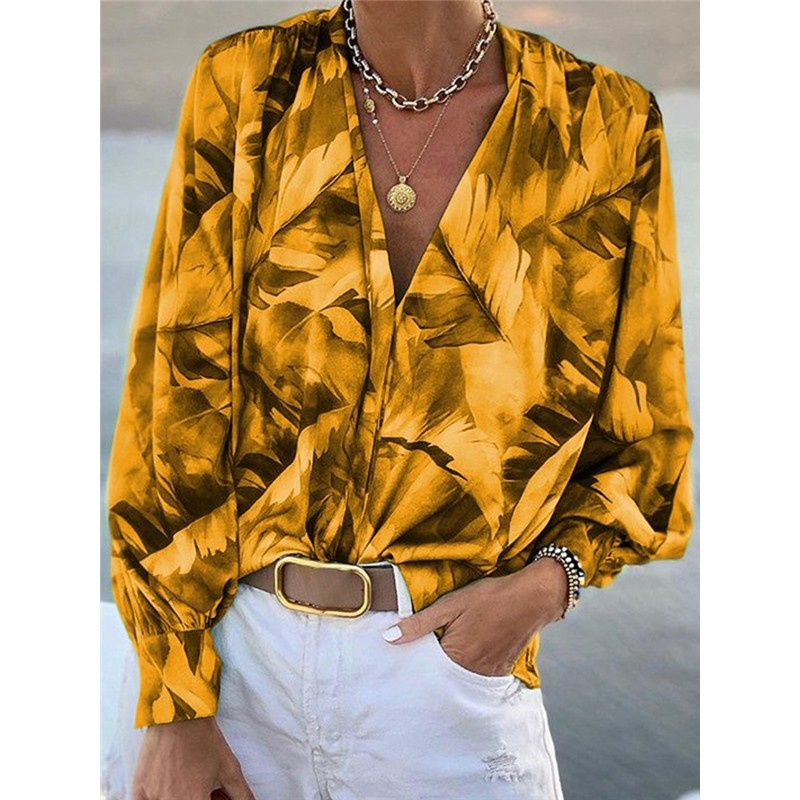 V-Neck Leaves Printed Women's Blouse