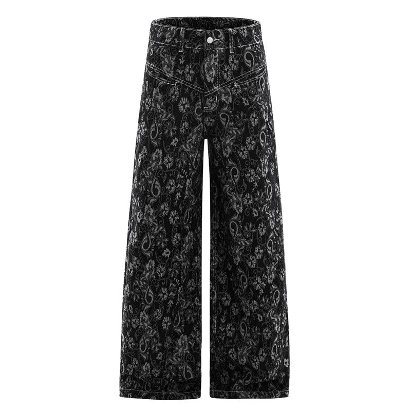 Vintage Pattern Print Loose Wide Leg Jeans