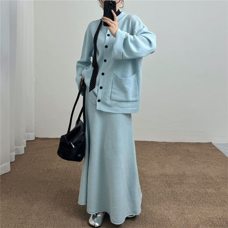 Solid Color Round Neck Knit Set Loose Fit Sweater Dress Two-Piece