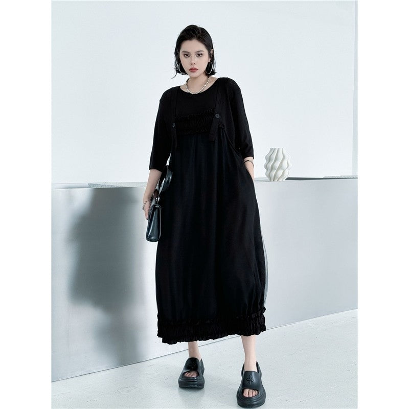 Mesh Panel Pleated Strapless Loose Fit Maxi Dress