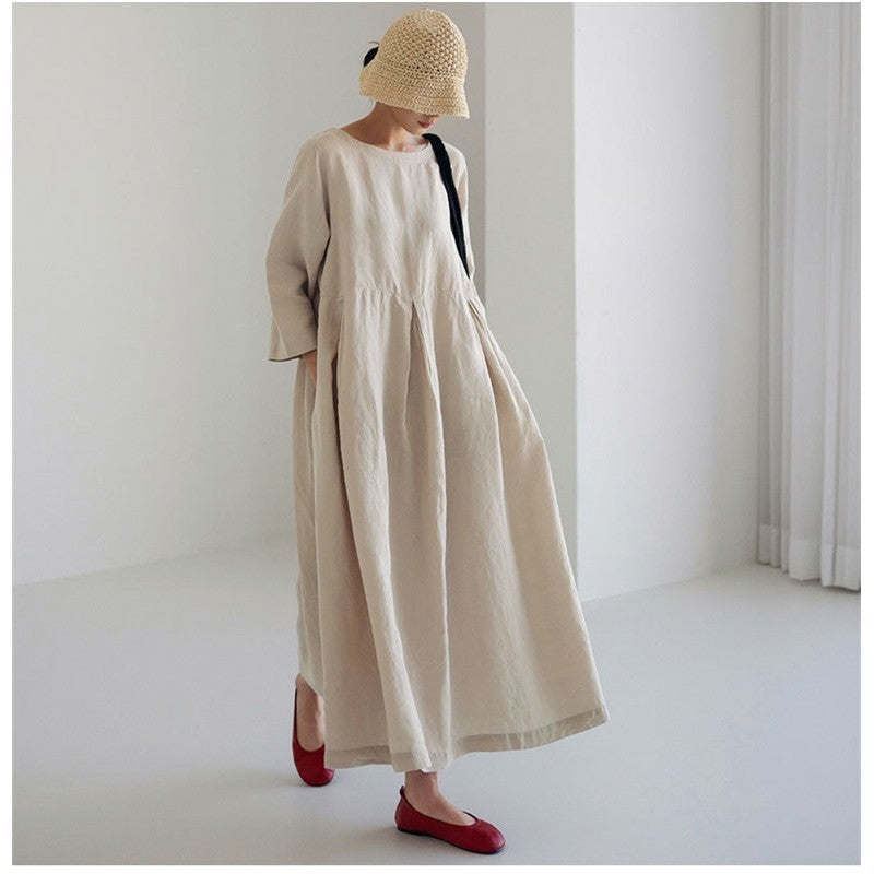 Solid Color Long Sleeve Crewneck A-Line Large Hemline Casual Loose Maxi Dress