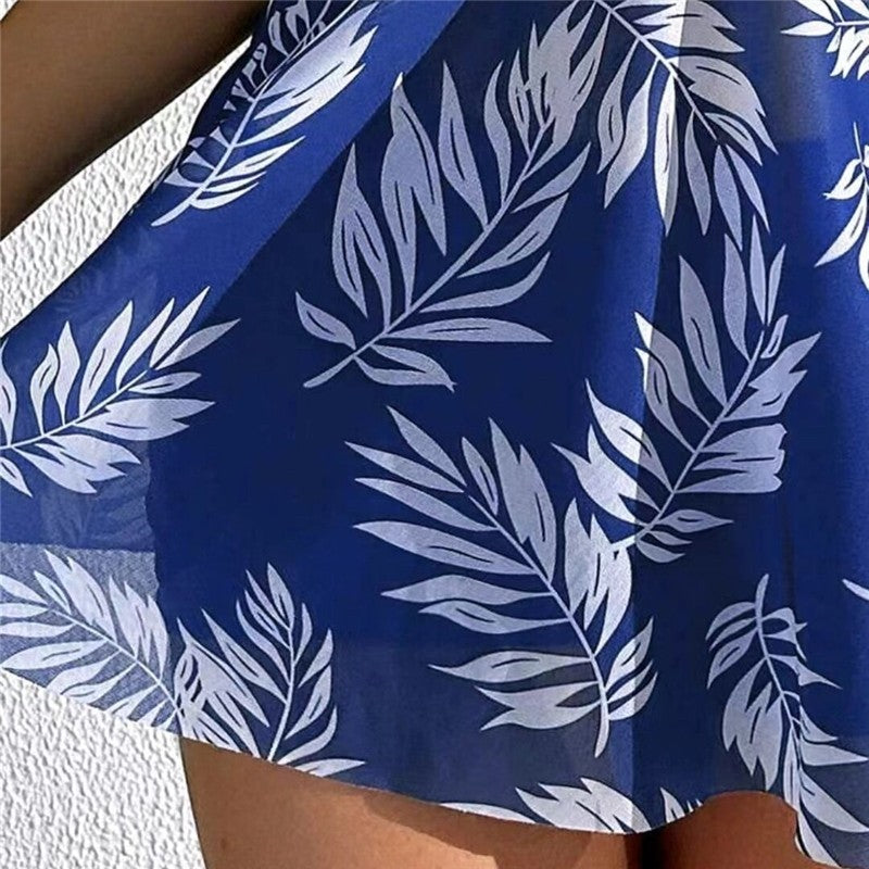 Split Skirt Conservative Mesh Sheer Flesh Printed Swimsuit