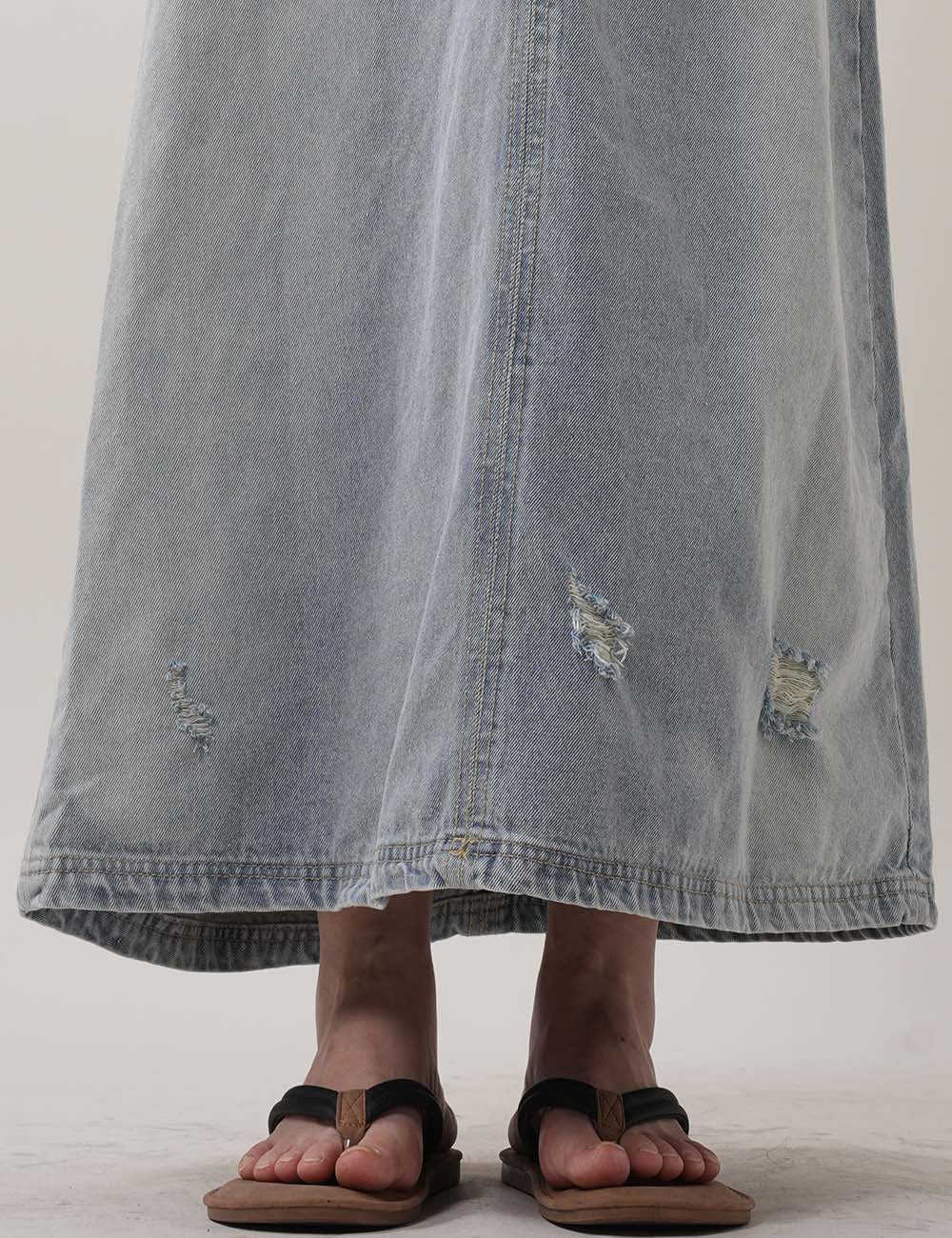 Ripped Washed Sleeveless V-Neck Denim Midi Dresses