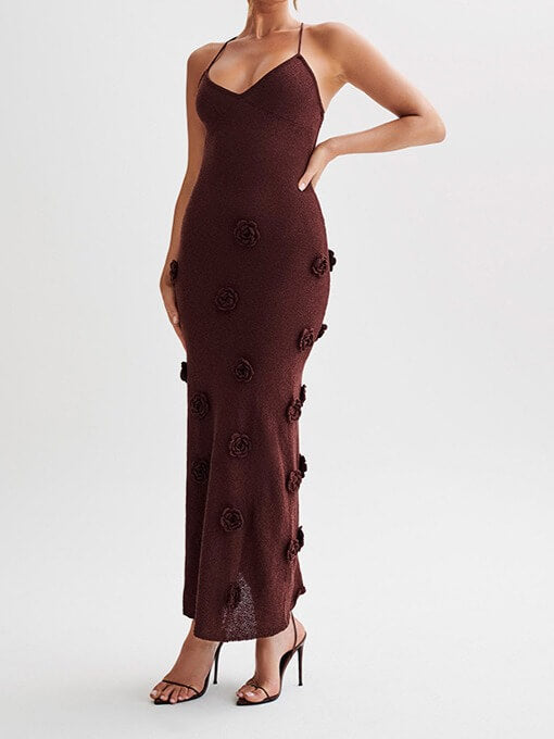 Halter 3D Floral Knit Backless Maxi Dress