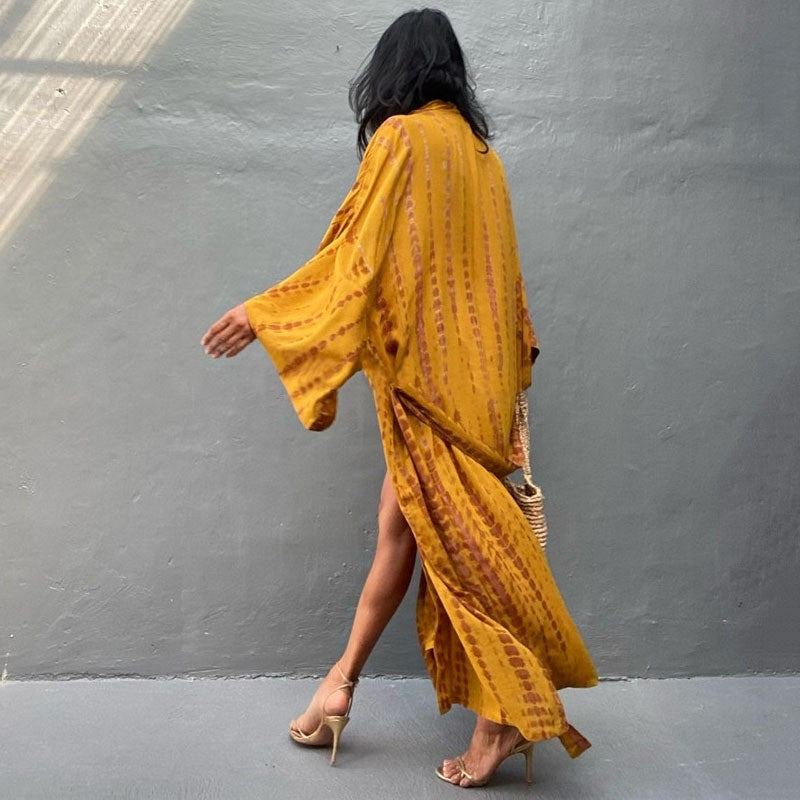 Long Sleeve Printing Waist Tied Casual Loose Long Beach Bikini Cardigan Cover-Up