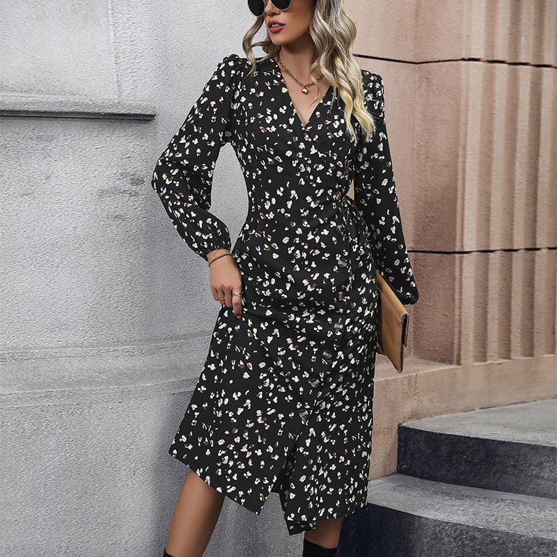 Black V-Neck Waisted Lantern Sleeve Printed Dress