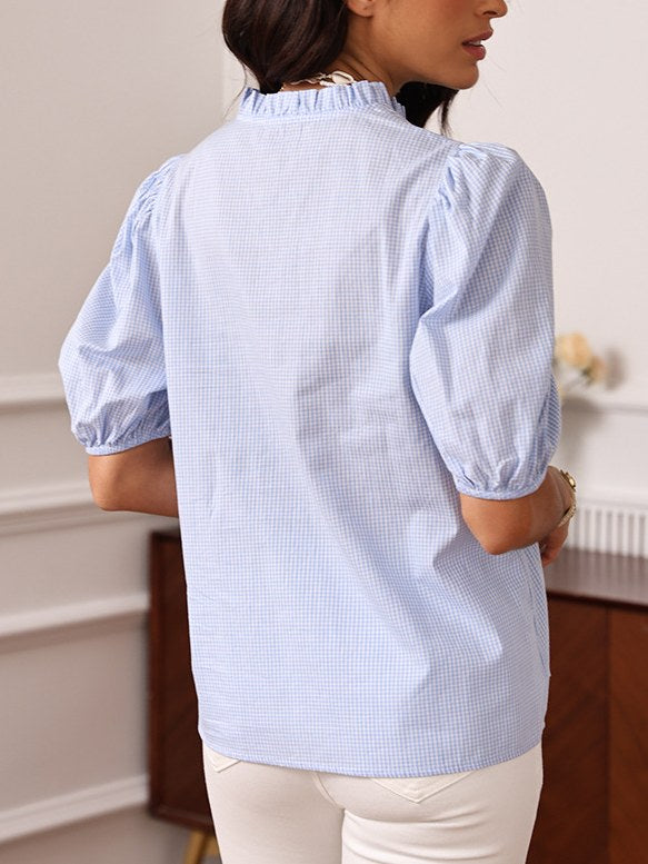 Plaid Floral Embroidered Ruffled Shirt