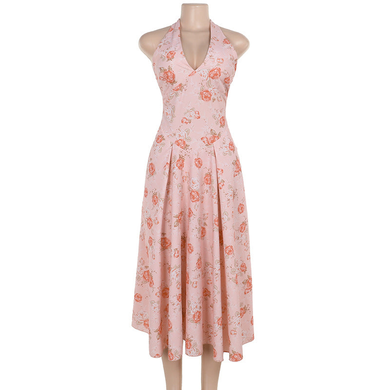 Women Fashion Sexy Elegant Floral Printed Halter-Neck Dress