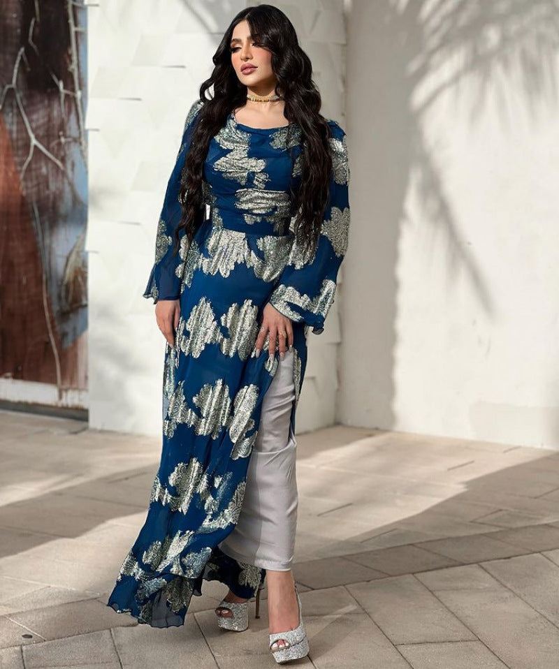 Women Fashion Printed Chiffon Round-Neck Dress with Bubble Sleeves