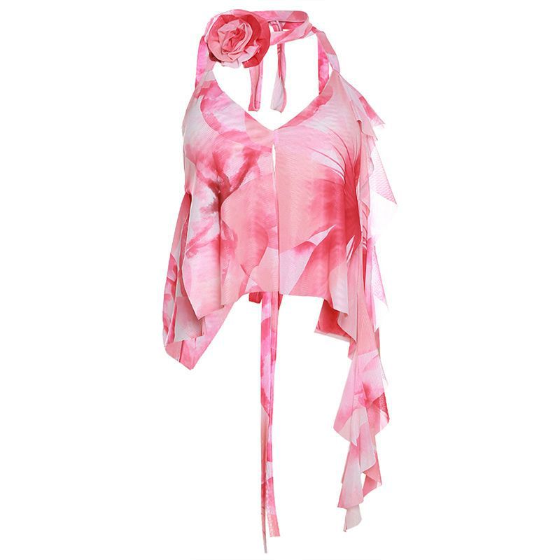 Summer Women Casual Floral Ruffled Halter Camisole