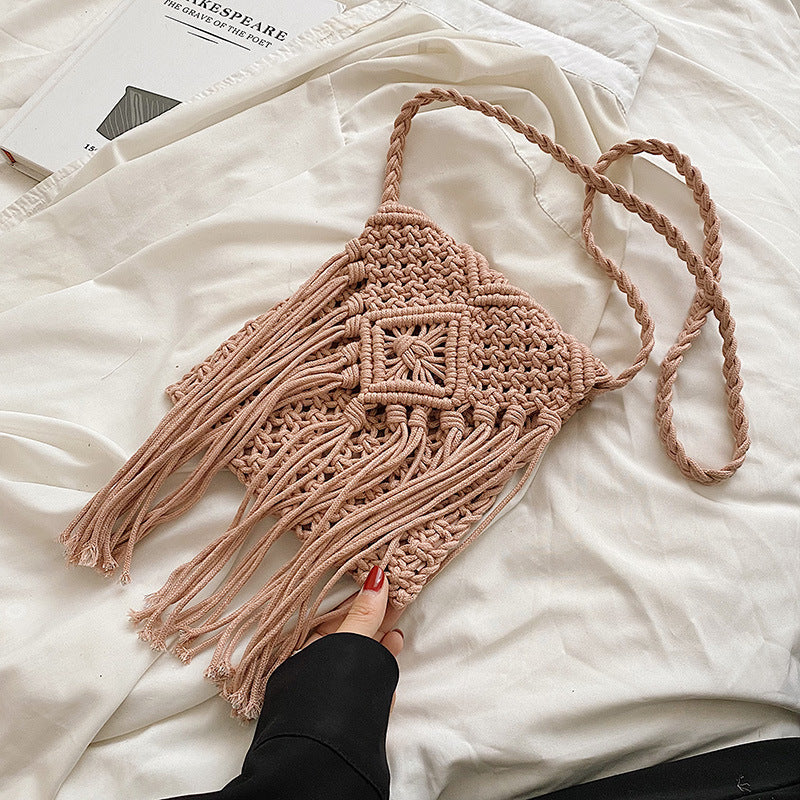 Bolso tejido con borlas estilo bohemio informal para mujer