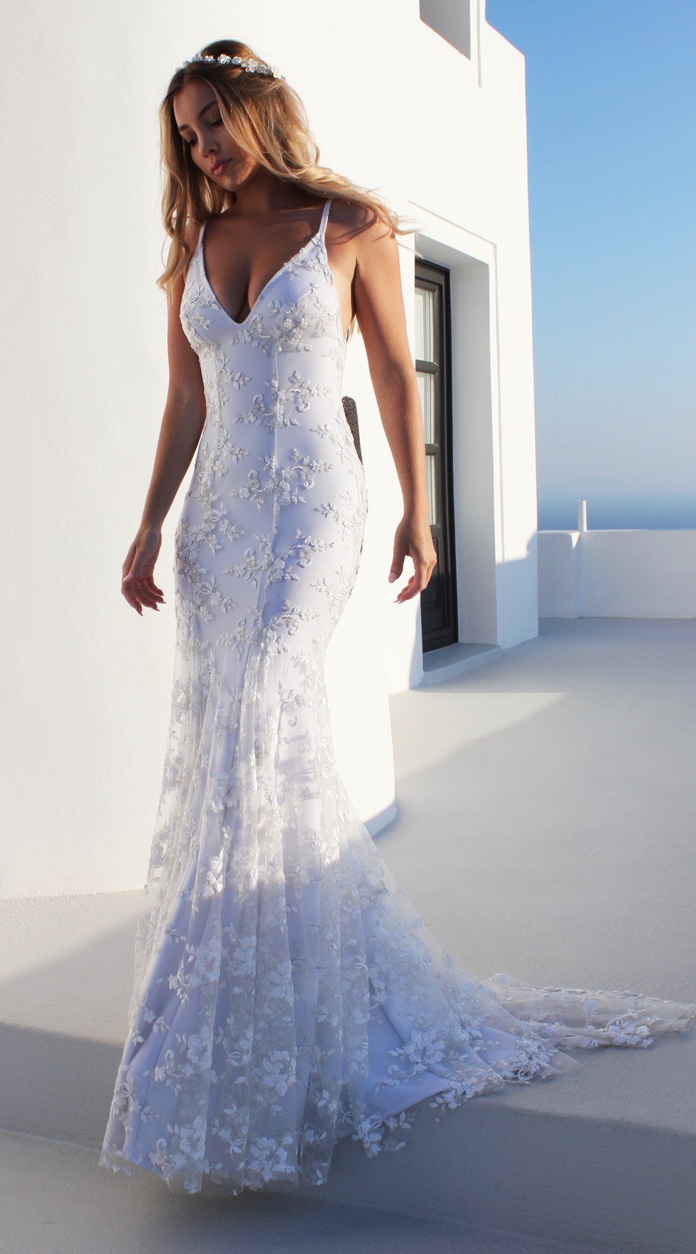 Women Fashion Sexy Solid Color Lace V Neck Backless Dress