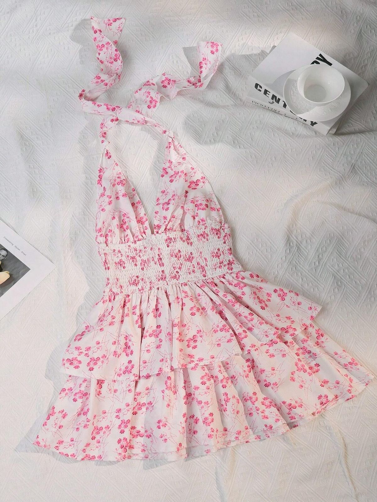 Mini-robe à imprimé floral et col en V pour femme
