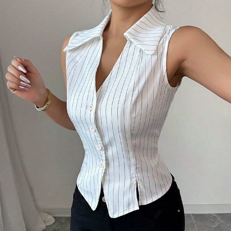 Blusa elegante sin mangas con solapa y rayas a la moda para mujer