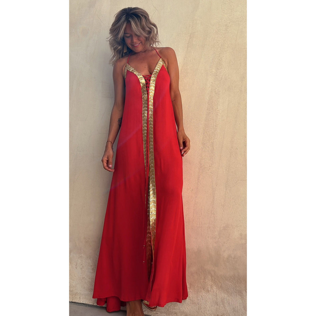Vestido largo informal de verano con cuello halter y mangas abullonadas para primavera y verano