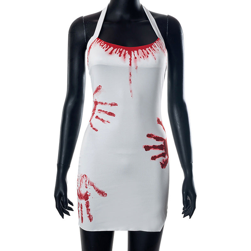 Robe moulante dos nu à imprimé palmiers et col licou pour femme