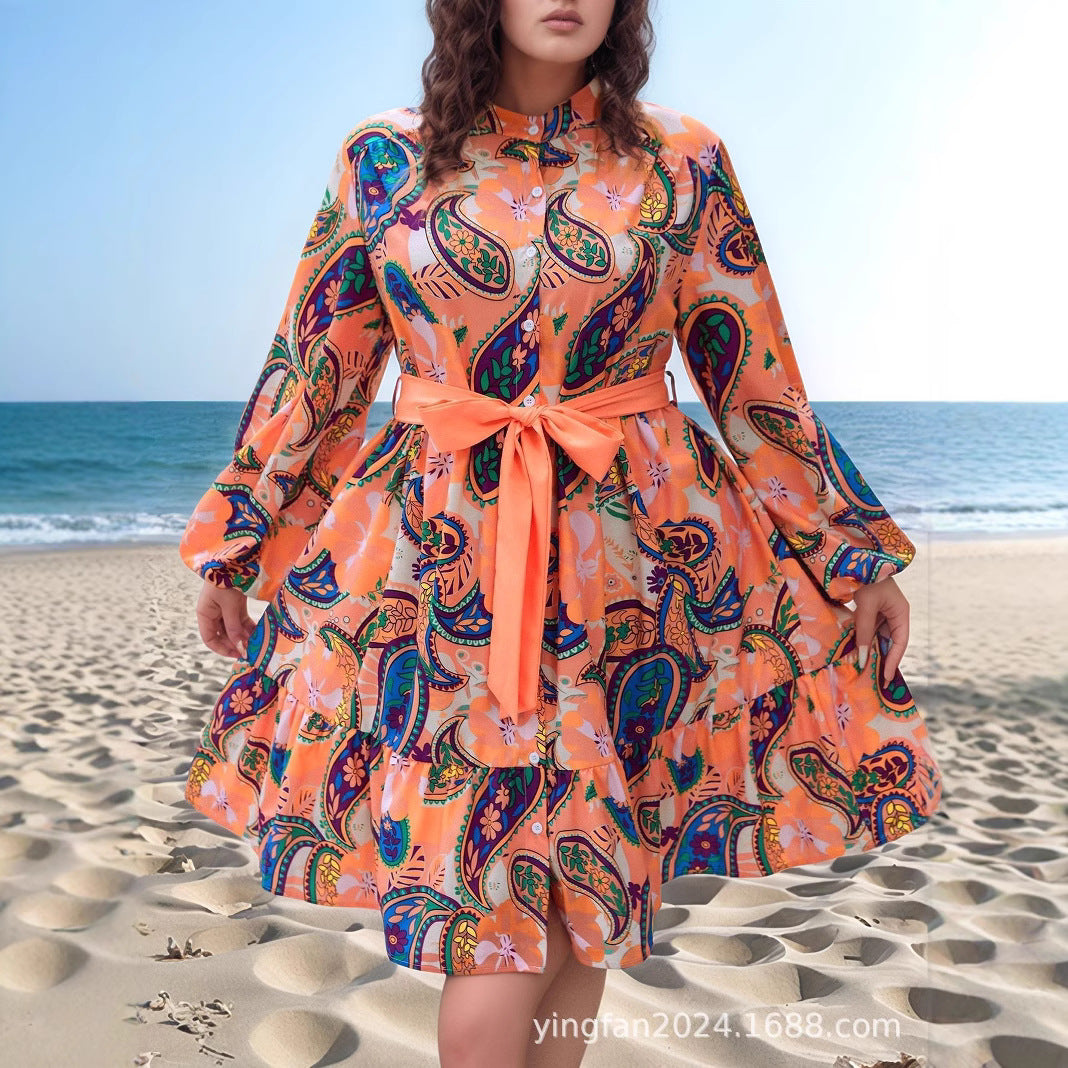 Elegant Plus Size Printed Long-Sleeve Dress