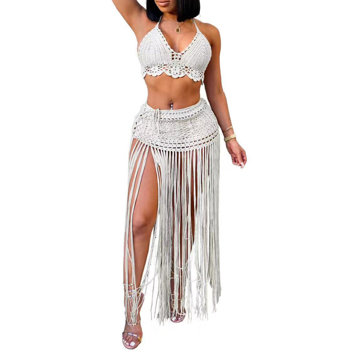Women Summer Vacation Solid Color Crochet Tassel Coverup Set
