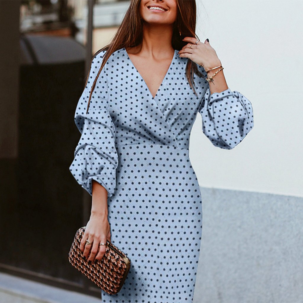Vestido elegante con estampado de lunares, escote en V y manga corta para mujer en azul