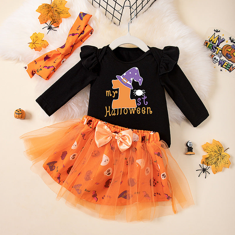 Conjunto de mono informal de manga larga con estampado de dibujos animados para niñas pequeñas