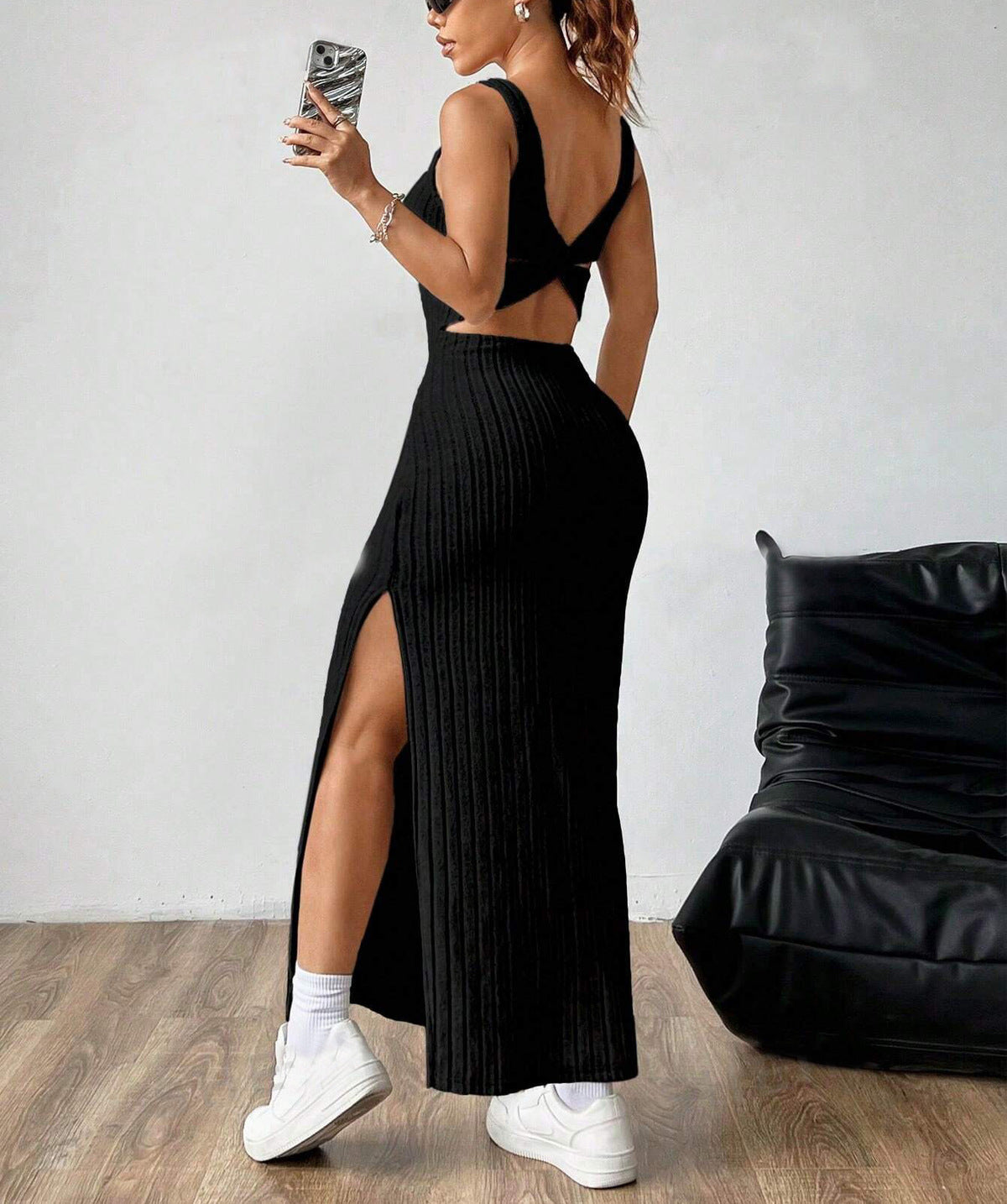 Vestido sexy de rayas verticales de color liso a la moda para mujer