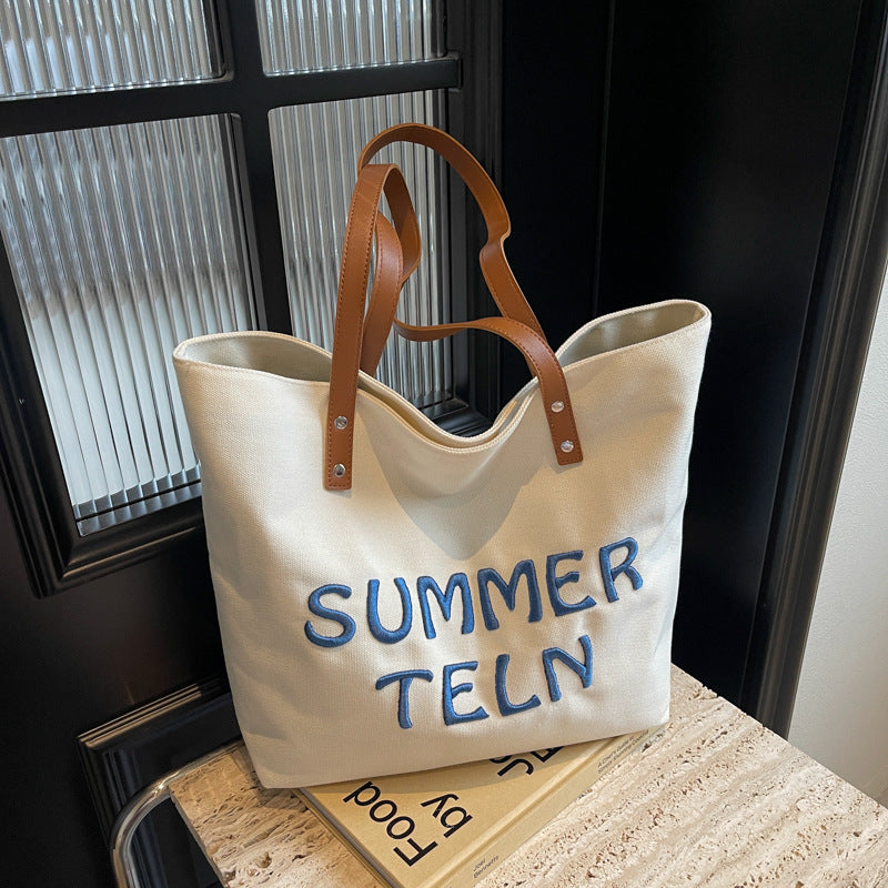 Women Fashion Embroidered Letter Canvas Tote Bag with Zipper