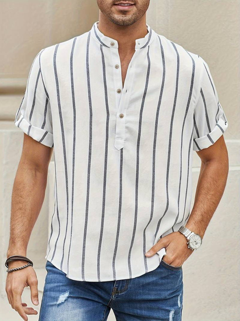 Men's Casual Linen Stripe Lapel Short Sleeve Shirt