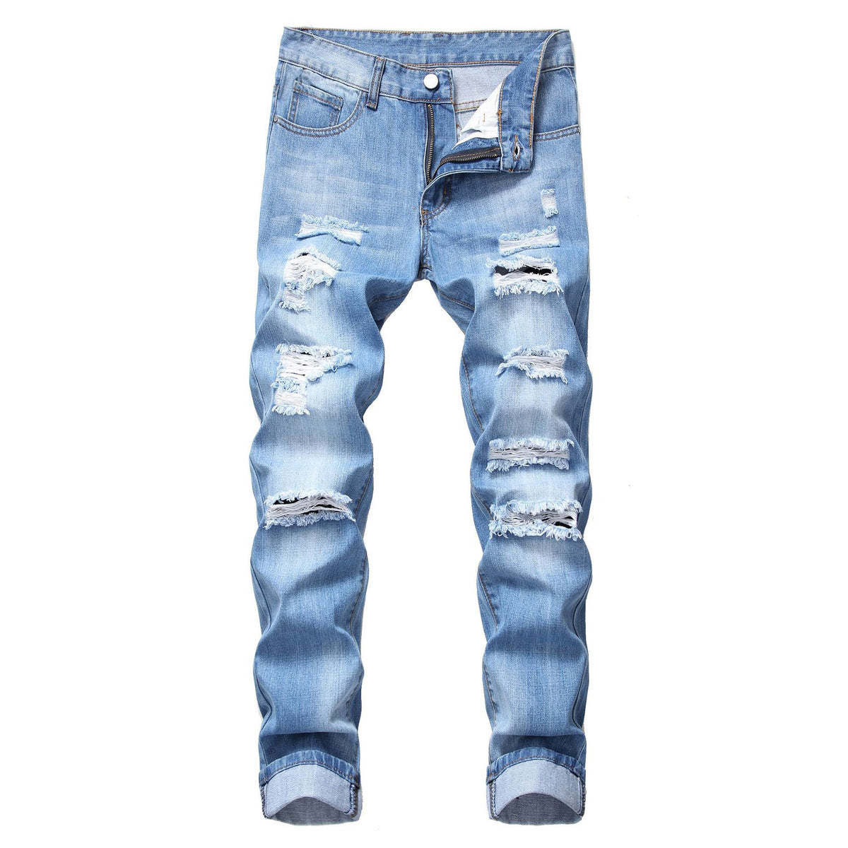 Men Casual Ripped Cotton Straight Slim-Fit Jeans