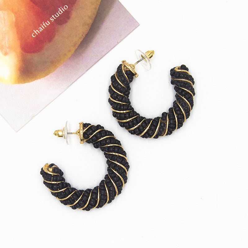Bohemian Alloy Rice Beads C-Shaped Earrings